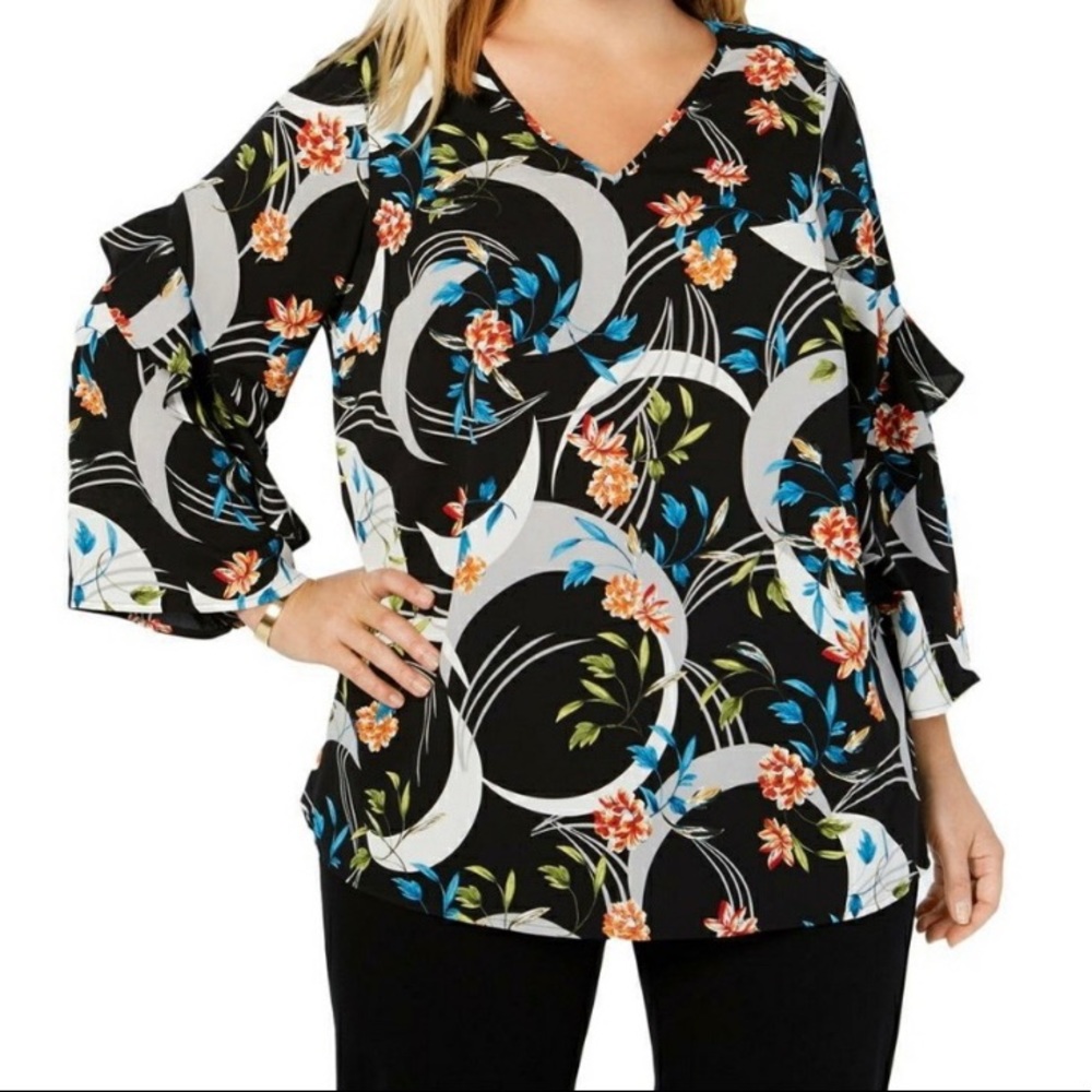 Alfani Crescent & Floral Print Blouse L